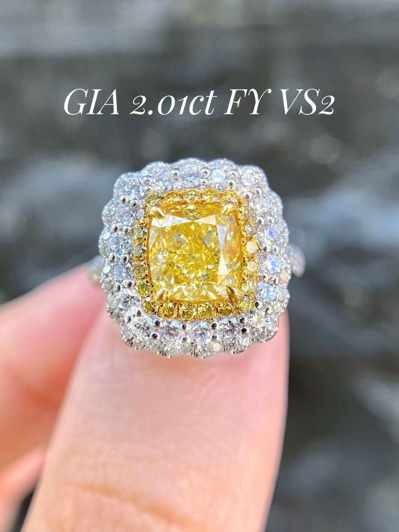 GIA Certified 2.01ct Fancy Yellow VS2 Diamond Double Halo Engagement Ring, 18K Gold