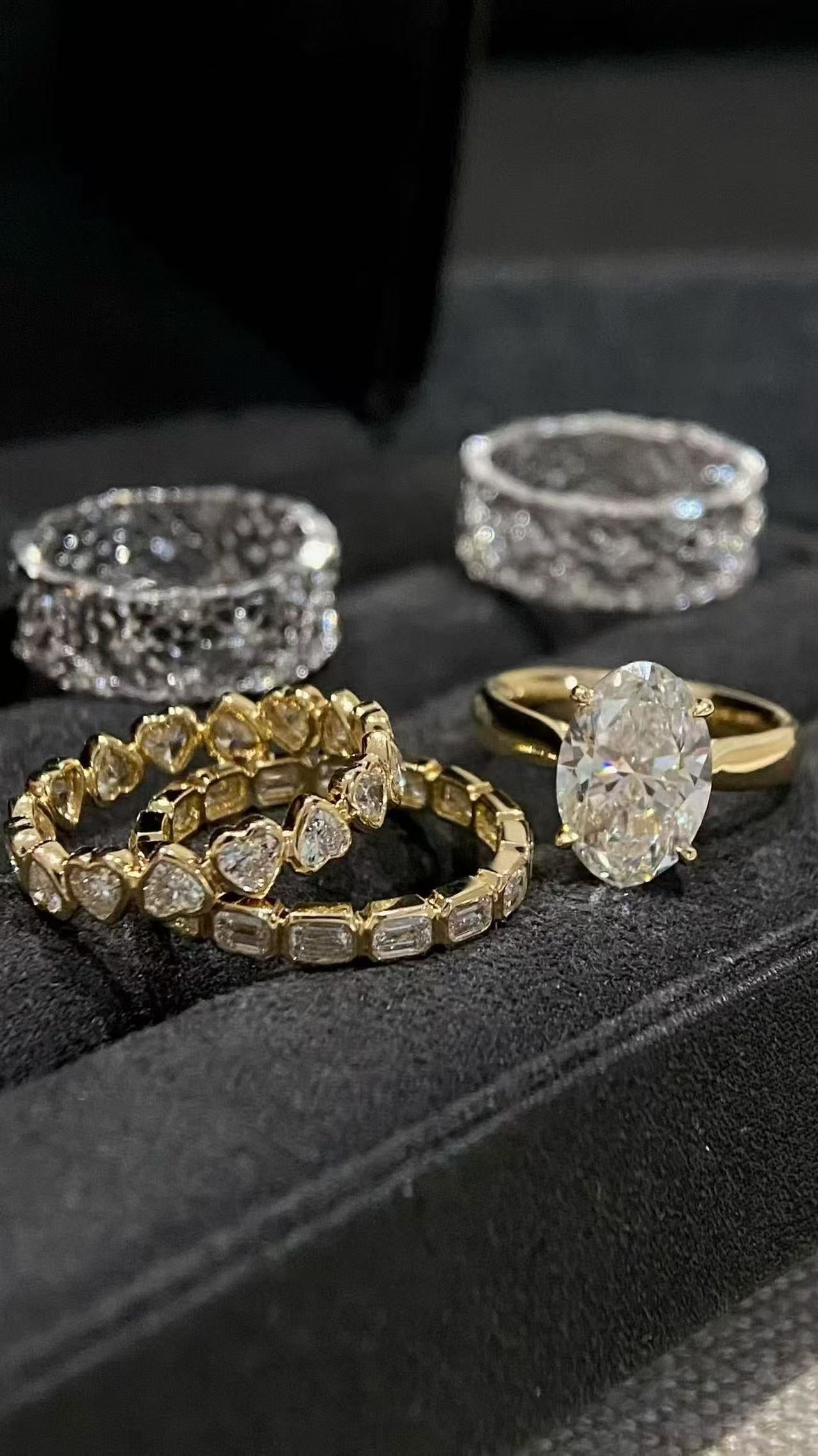 Set of 5 Diamond Jewelry Pieces: Oval Solitaire, Heart & Baguette Eternity Bands, Pave-Set Bands