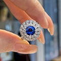 Royal Blue Sapphire Ring with Double Diamond Halo, 18K White Gold