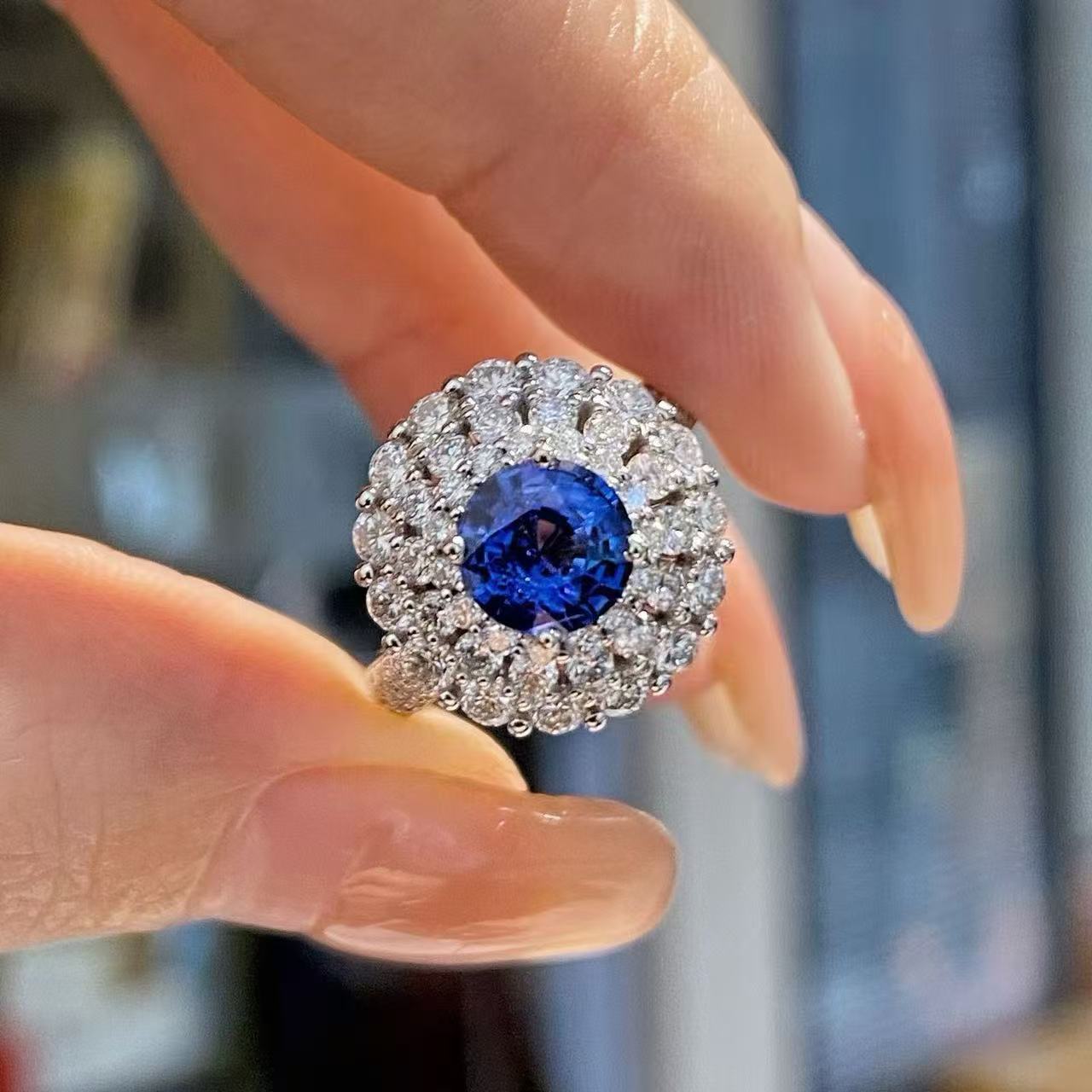 Royal Blue Sapphire Ring with Double Diamond Halo, 18K White Gold