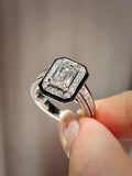 Art Deco Style Emerald-Cut Diamond Ring with Black Enamel Halo, 18K Two-Tone Gold