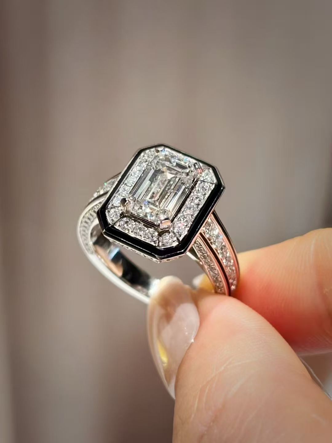 Art Deco Style Emerald-Cut Diamond Ring with Black Enamel Halo, 18K Two-Tone Gold
