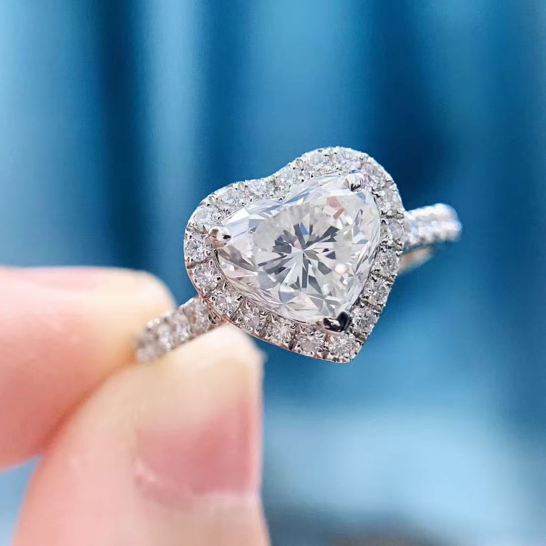 Heart-Shaped Diamond Halo Engagement Ring, 18K White Gold, Pave Band